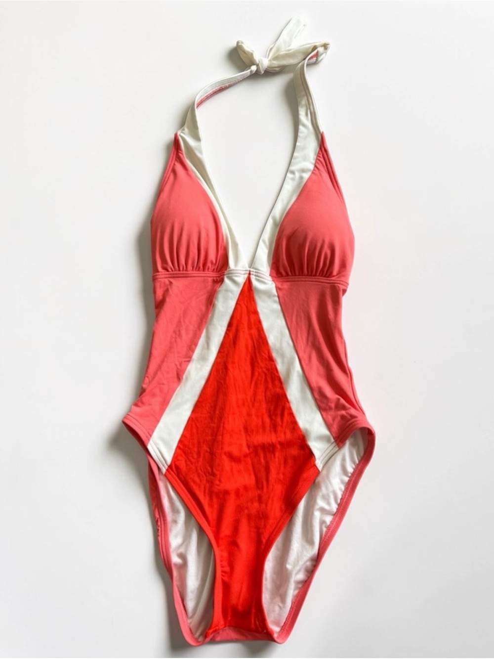 Vince Camuto Colorblock Halter One-Piece Swimsuit in Coral, Red & White